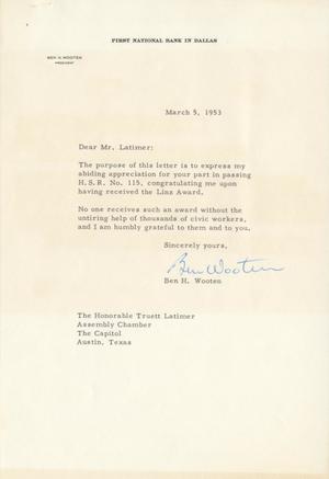 [Letter from Ben H. Wooten to Truett Latimer, March 5, 1953]