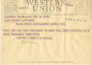 [Telegram from Louise T. Ward and R. W. Tucker, March 30, 1953]