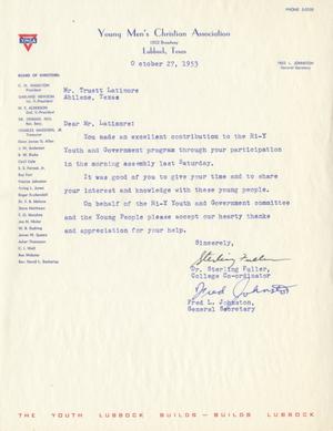 Primary view of object titled '[Letter from Dr. Sterling Fuller and Fred L. Johnston to Truett Latimer, October 27, 1953]'.