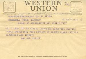 Primary view of object titled '[Telegram from Mrs. Hal Hughes, May 19, 1953]'.