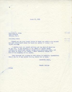 [Letter from Truett Latimer to Mrs. John A. White, March 17, 1953]