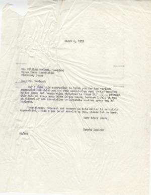 [Letter from Truett Latimer to William Rawland, March 6, 1953]