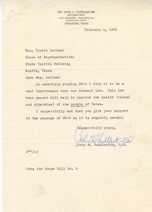 Primary view of object titled '[Letter from John A. Huddleston to Truett Latimer, February 4, 1953]'.