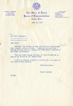 [Letter from Truett Latimer to Bill Abbington, June 13, 1953]