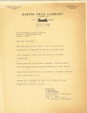 Primary view of object titled '[Letter from L. P. Skinner and J. P. Skinner to Truett Latimer, April 2, 1953]'.