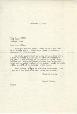 [Letter from Truett Latimer to Mrs. O. L. Walton, February 23, 1953]
