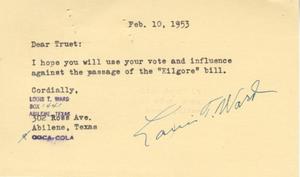 [Letter from Louis T. Ward to Truett Latimer, February 10, 1953]