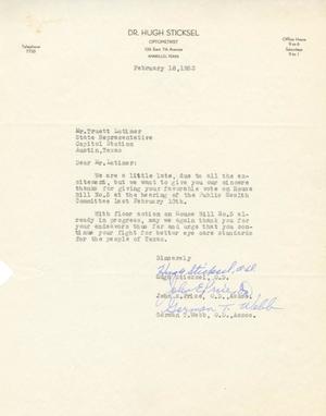 [Letter from Dr. Hugh Sticksel to Truett Latimer, February 18, 1953]
