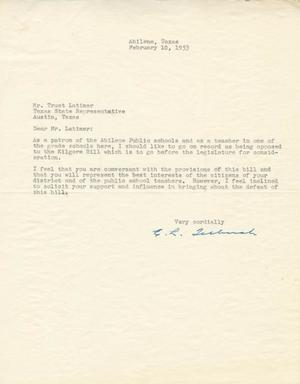 [Letter from E. L. Terbush to Truett Latimer, February 10, 1953]
