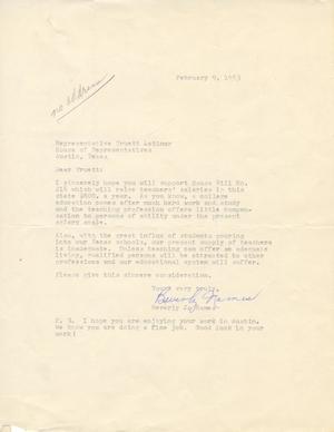 [Letter from Beverly Jo Names to Truett Latimer, February 9, 1953]