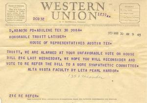 [Telegram from Alta Vista Faculty, March 30, 1953]