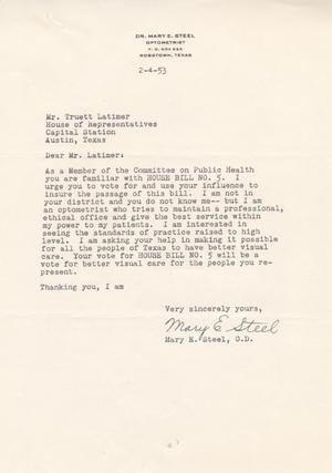 [Letter from Mary E. Steel to Truett Latimer, February 4, 1953]