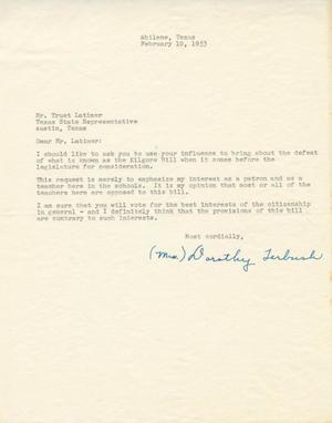 [Letter from Mrs. Dorothy Terbush to Truett Latimer, February 10, 1953]