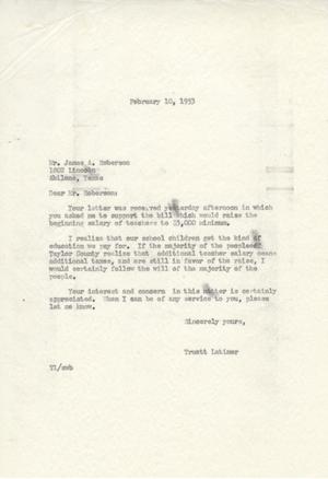 [Letter from Truett Latimer to James A. Roberson, February 10, 1953]
