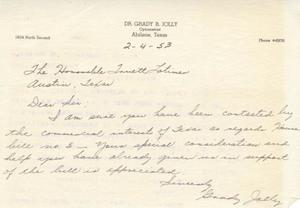 [Letter from Dr. Grady B. Jolly to Truett Latimer, February 4, 1953]