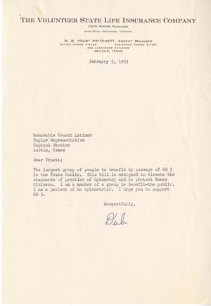 [Letter from W. G. Pritchett to Truett Latimer, February 5, 1953]