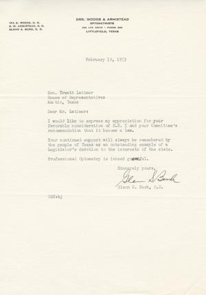 [Letter from Glenn S. Burk to Truett Latimer, February 19, 1953]