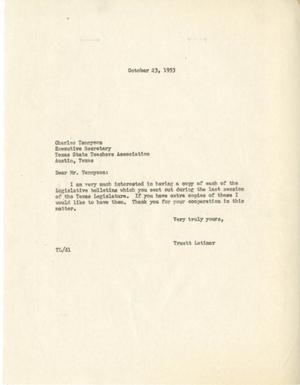 [Letter from Truett Latimer to Charles Tennyson, October 23, 1953]