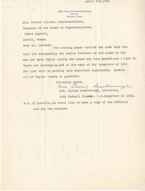 [Letter from Mrs. Dallas Scarborough to Truett Latimer, April 2, 1954]