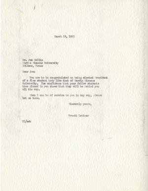 [Letter from Truett Latimer to Joe Wallis, March 19, 1953]
