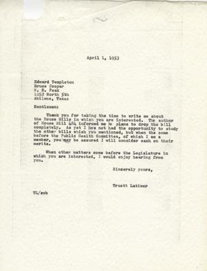 [Letter from Truett Latimer to Edward Templeton and Bruce Cooper, April 1, 1953]