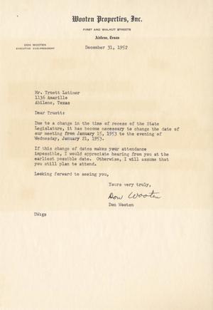 [Letter from Don Wooten to Truett Latimer, December 31, 1952]