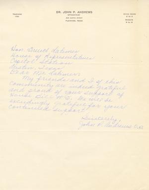 Primary view of object titled '[Letter from Dr. John P. Andrews to Truett Latimer, February, 1953]'.