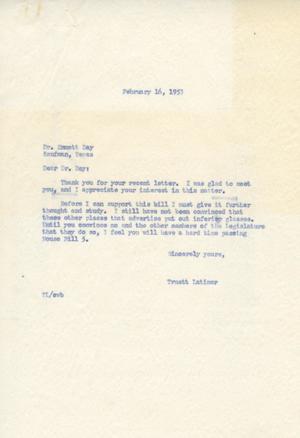 [Letter from Truett Latimer to Emmett Day, February 16, 1953]