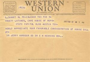 [Telegram from Jerry Harbour and E. H. Henning, February 10, 1953]