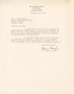 [Letter from Clovis Clough to Truett Latimer, February 18, 1953]