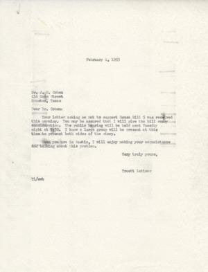 [Letter from J. M. Cohen to Truett Latimer, February 4, 1953]