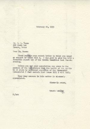 [Letter from Truett Latimer to O. H. Nance, February 20, 1953]