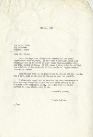 [Letter from Truett Latimer to W. L. Allen, May 11, 1953]