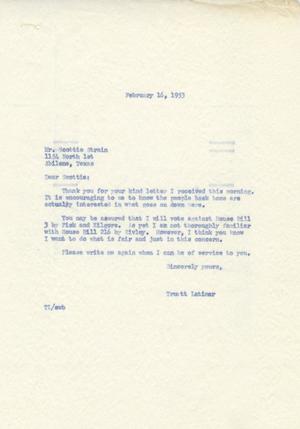 [Letter from Truett Latimer to Scottie Strain, February 16, 1953]