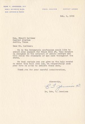 [Letter from Edw. T. Jennison to Truett Latimer, February 2, 1953]