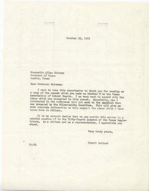[Letter from Truett Latimer to Allan Shivers, October 23, 1953]