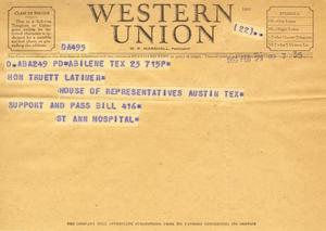 [Telegram from St. Ann Hospital, February 23, 1953]