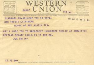 Primary view of object titled '[Telegram from Joe Smith, May 19, 1953]'.
