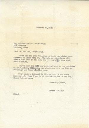 [Letter from Truett Latimer to Mr. Dallas Scarborough and Mrs. Dallas Scarborough, February 12, 1953]