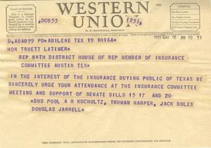 [Telegram from A. H. Kucholtz, Truman Harper, Jack Boles, and Douglas Jarrell, May 19, 1953]