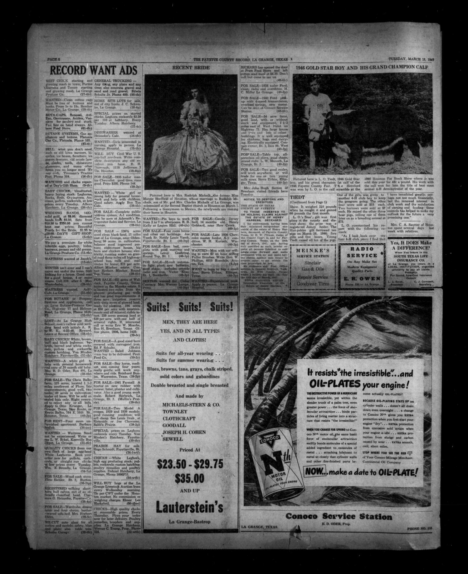 The Fayette County Record (La Grange, Tex.), Vol. 25, No. 40, Ed. 1 Tuesday, March 18, 1947
                                                
                                                    [Sequence #]: 4 of 4
                                                