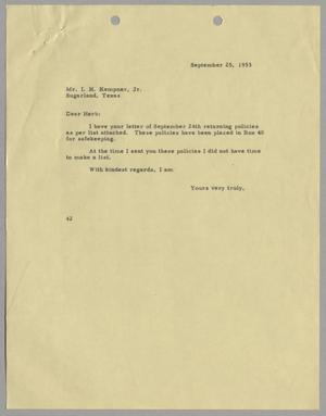 [Letter from A. H. Blackshear Jr. to Isaac Herbert Kempner Jr., September 25, 1953]
