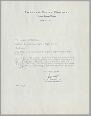 [Letter from I. H. Kempner, III to Members of the Keys, June 10, 1965]