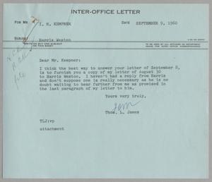 [Letter from Thomas Leroy James to Isaac Herbert Kempner, September 9, 1960]