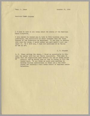 [Letter from Isaac Herbert Kempner to Thomas Leroy James, October 17, 1960]