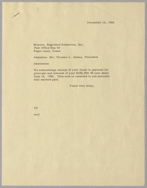 [Letter from United States First National Bank to Sugarland Industries, December 15, 1960]