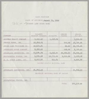 [Daily Cash Balances for Sugar Land State Bank, August 31, 1960]