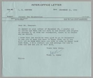 Primary view of object titled '[Inter-Office Letter from Thomas Leroy James to Isaac Herbert Kempner, December 31, 1959]'.