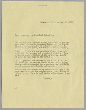[Letter from Isaac Herbert Kempner to Associates in Sugarland Industries, January 25, 1963]