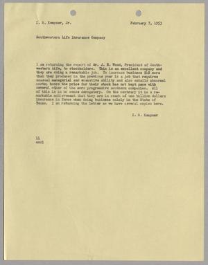 [Letter from I. H. Kempner to I. H. Kempner, Jr., February 7, 1953]